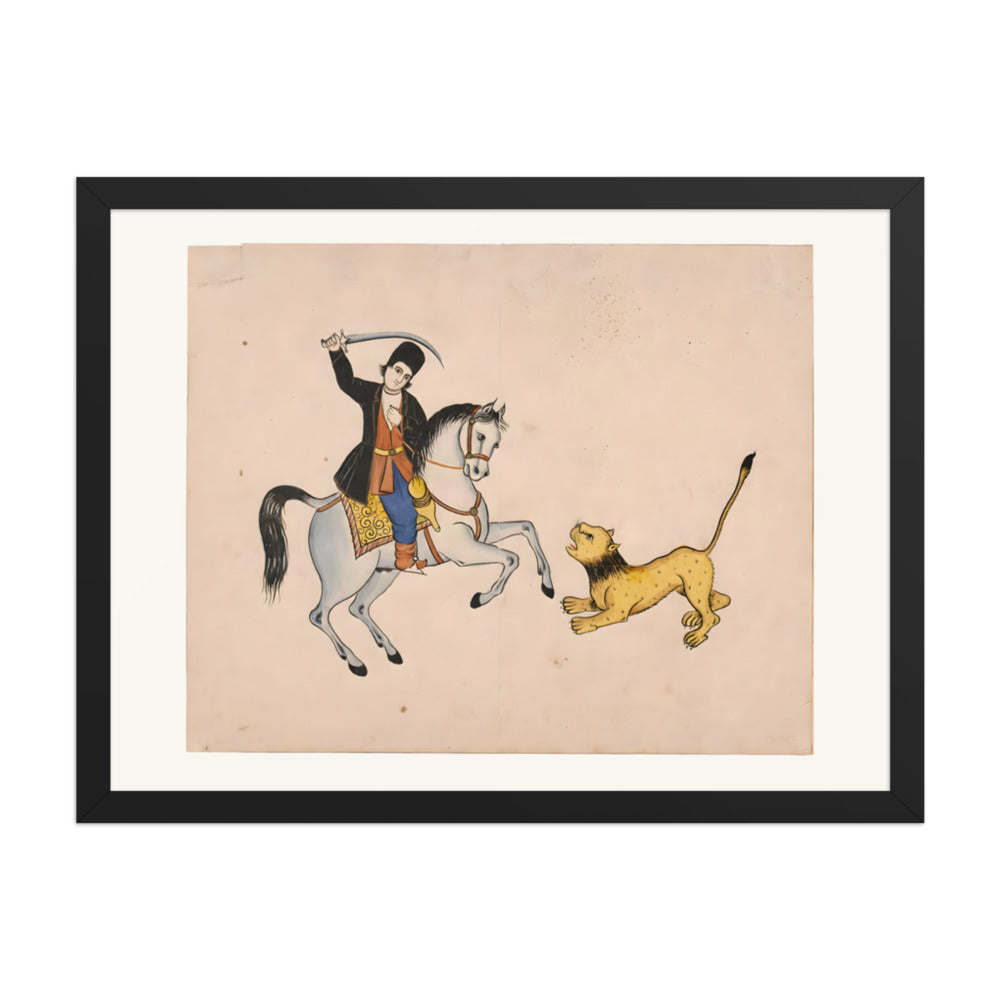 A Swordsman on Horseback Confronts a Lion | Restored Qajar Painting — view 2