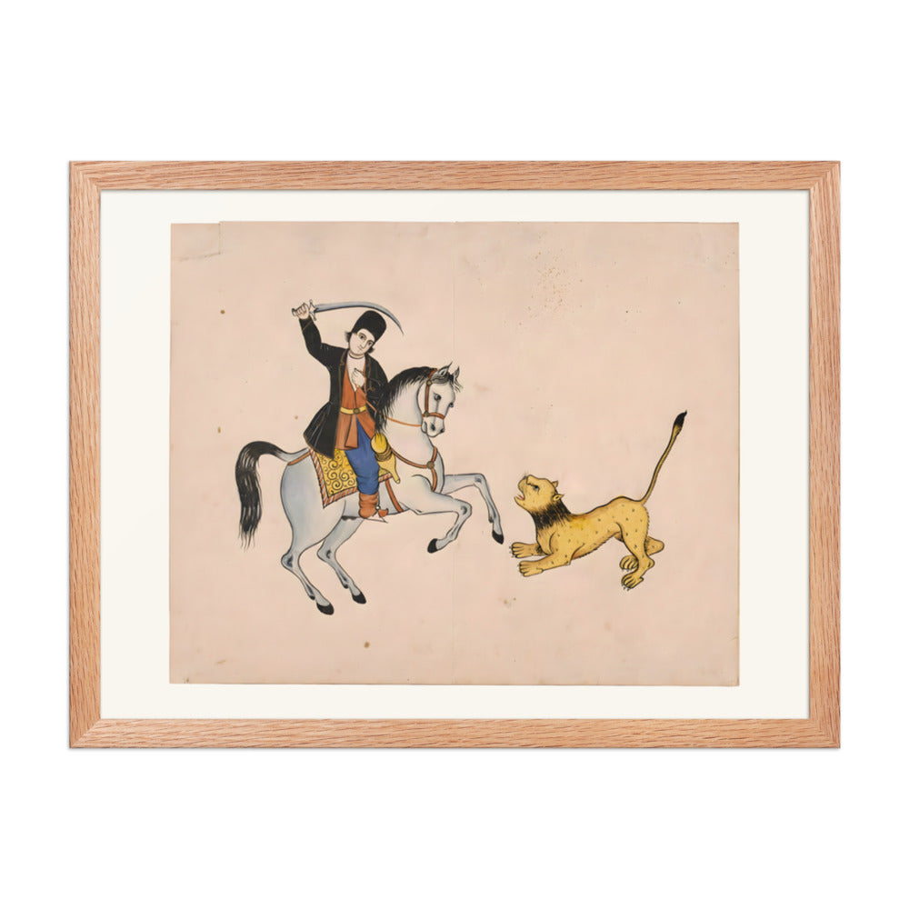 A Swordsman on Horseback Confronts a Lion | Restored Qajar Painting — view 5
