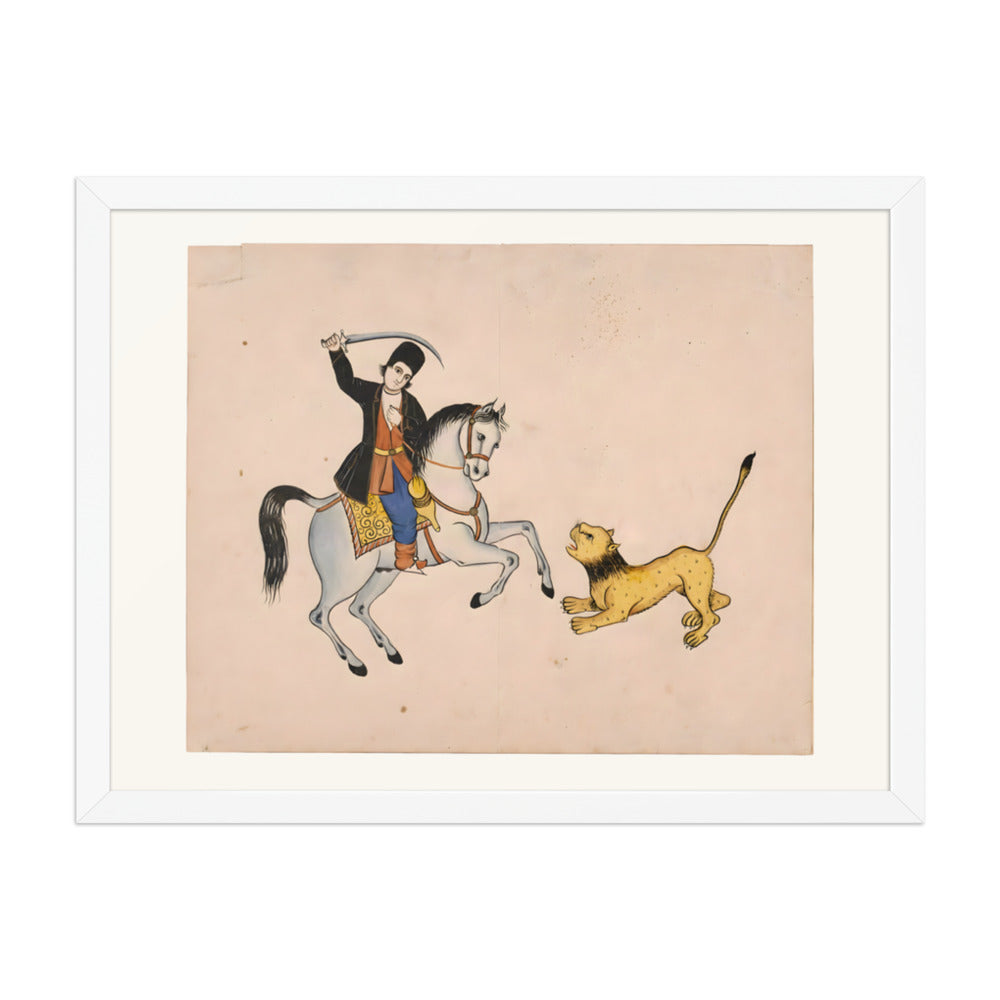 A Swordsman on Horseback Confronts a Lion | Restored Qajar Painting — view 8