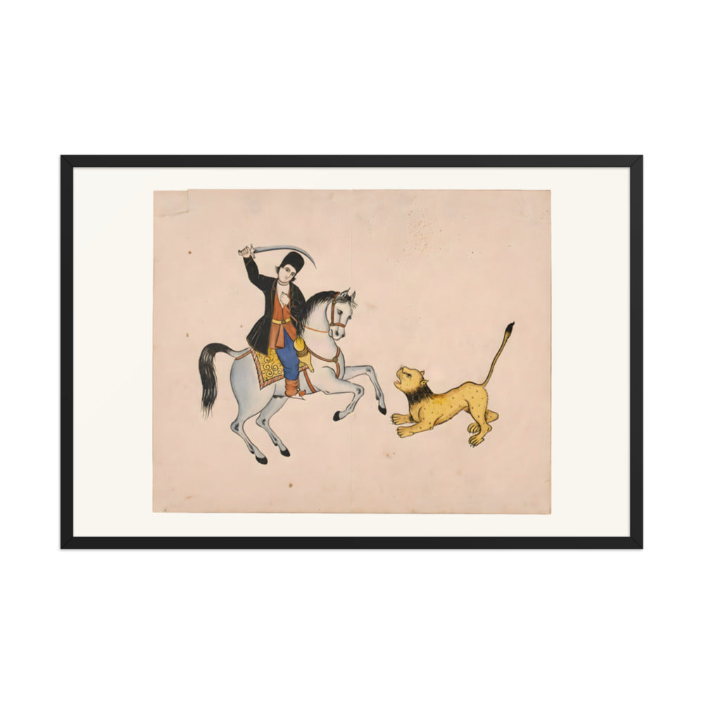 A Swordsman on Horseback Confronts a Lion | Restored Qajar Painting — view 3
