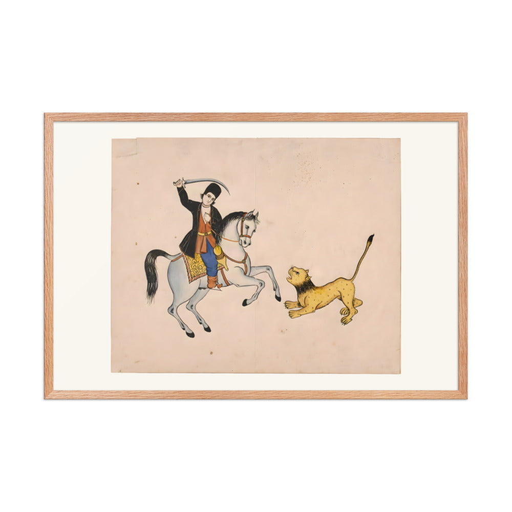 A Swordsman on Horseback Confronts a Lion | Restored Qajar Painting — view 6
