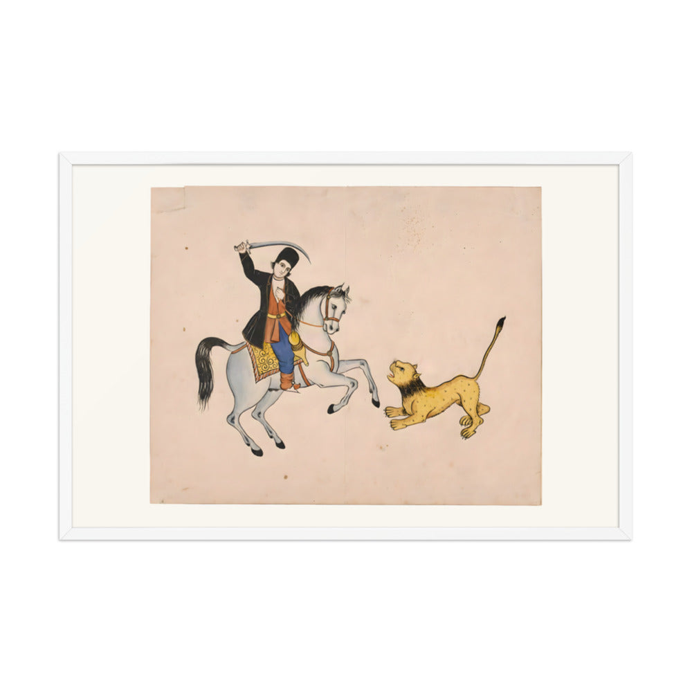 A Swordsman on Horseback Confronts a Lion | Restored Qajar Painting — view 9