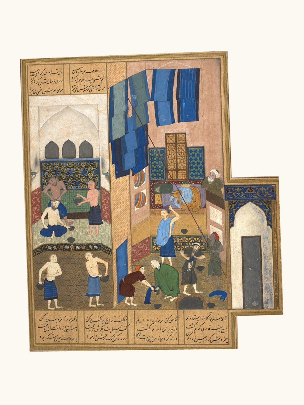 Blue Cloths Above a Busy Workshop Courtyard | Restored Persian Miniature — view 7