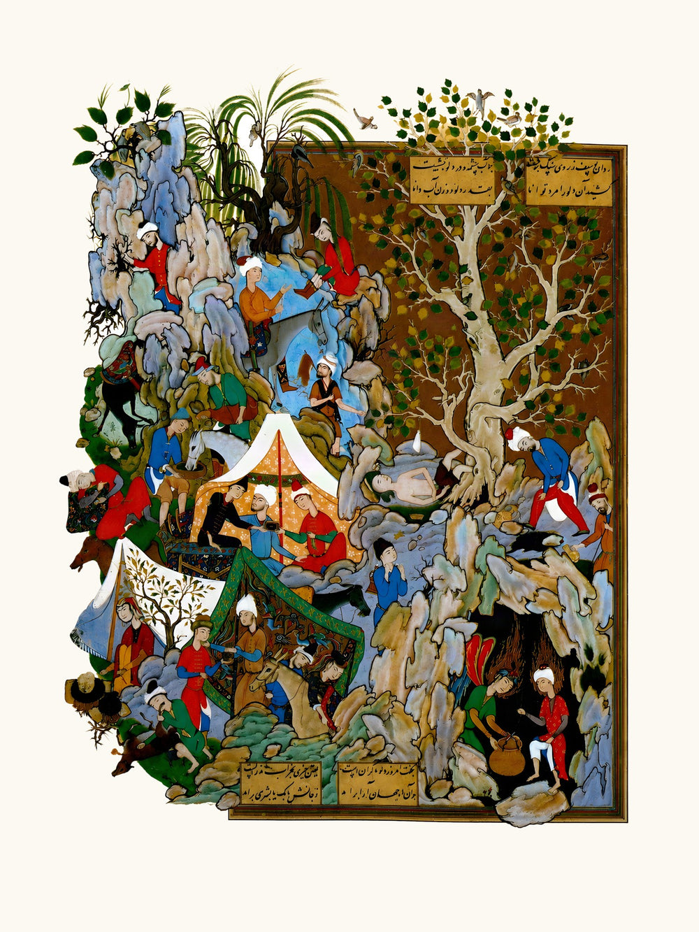 A Throng Gathers Around a White Encampment Tent | Restored Persian Miniature — view 7