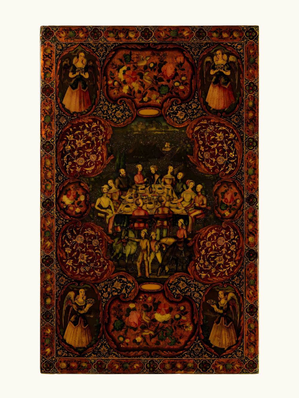 Courtly Gatherings in a Lacquer Medallion Panel | Restored Qajar Painting — view 10