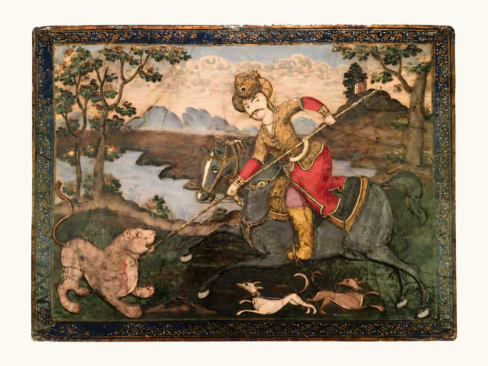 A Horseman Spears a Lion in the Wilderness | Restored Qajar Painting — view 10