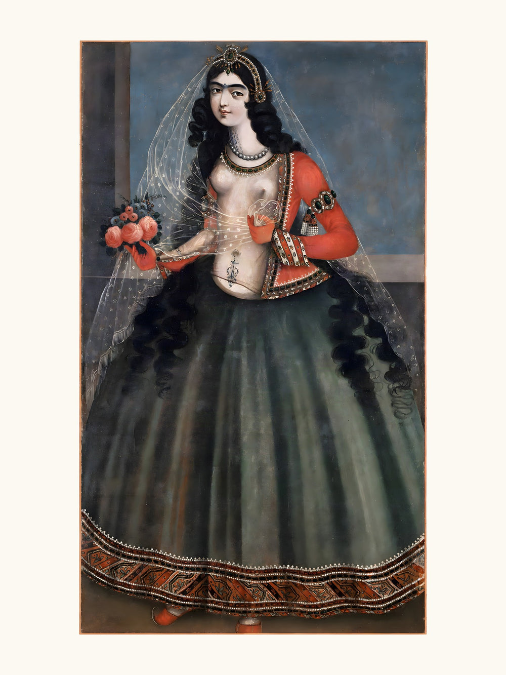 Woman with a Bouquet of Roses | Restored Qajar Painting — view 10