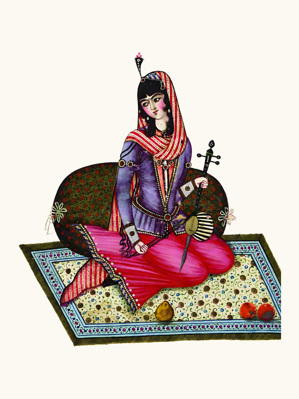 A Seated Girl With Fruit on a Garden Carpet | Restored Qajar Painting — view 10