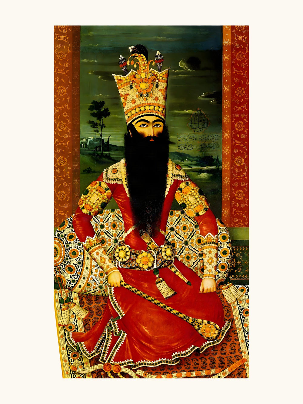 An Enthroned Monarch Robed in Studded Crimson, by Mihr Ali | Restored Qajar Painting — view 10