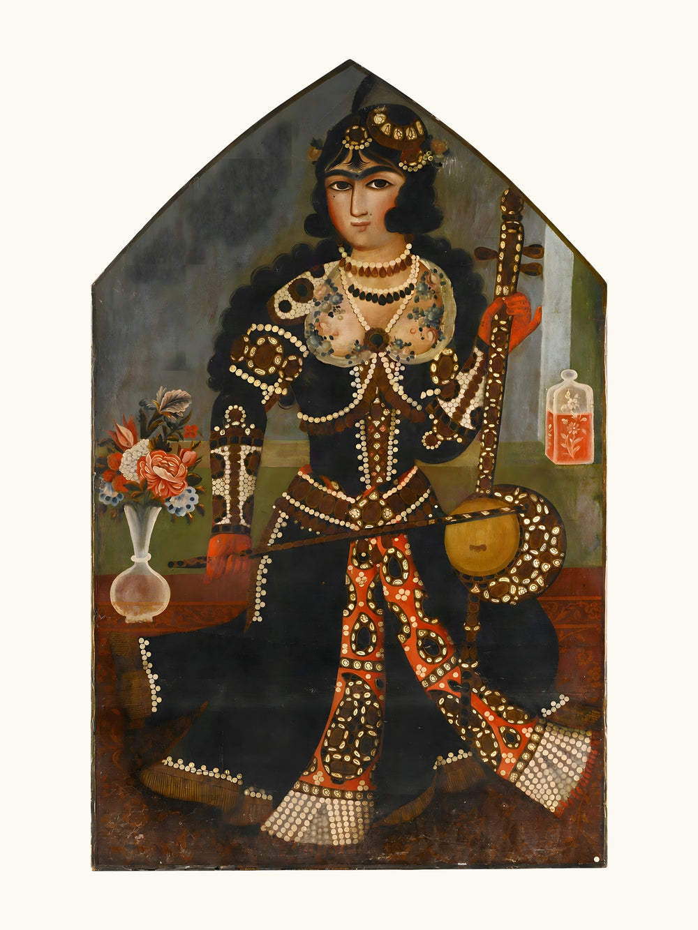 A Pearl-Adorned Lady with Her Kamancheh | Restored Qajar Painting — view 10