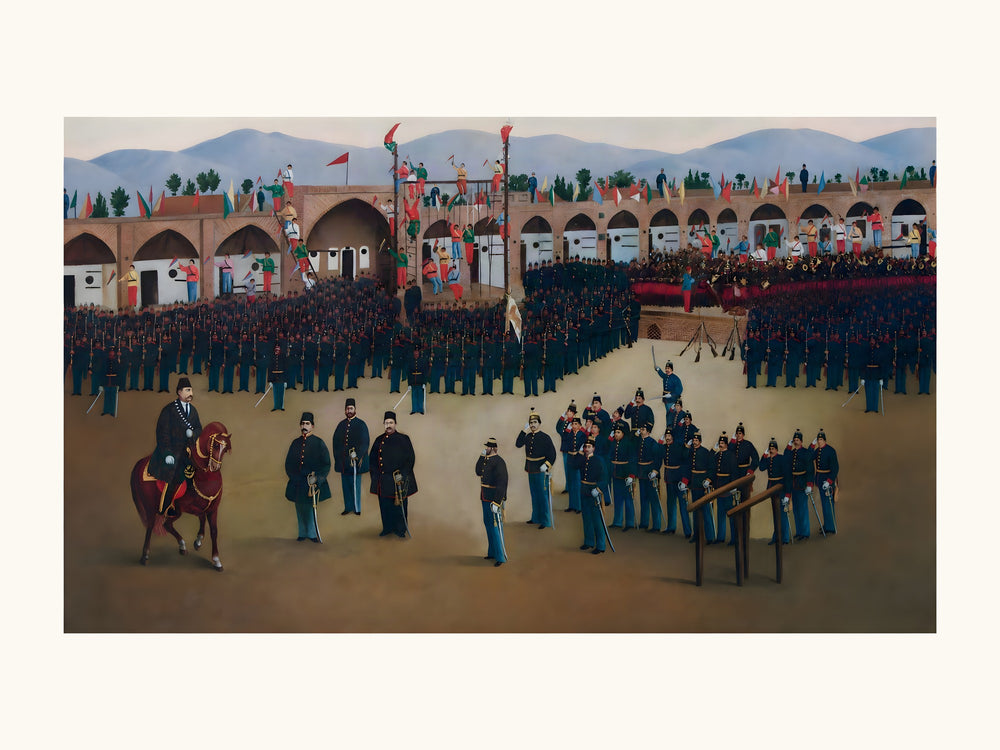Soldiers Drill Within an Arcaded Courtyard | Restored Qajar Painting — view 10