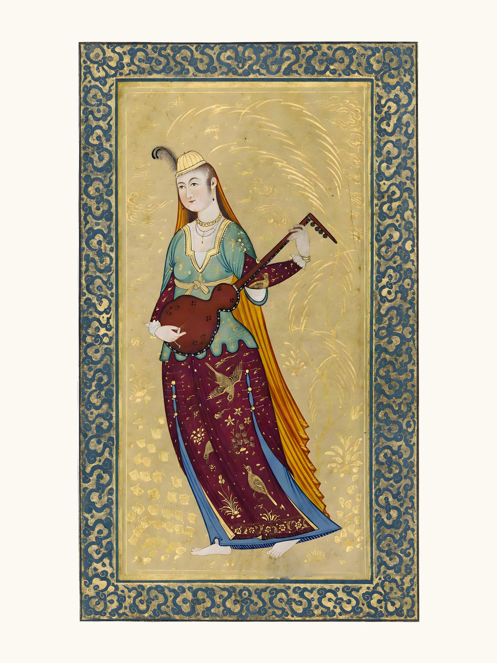 A Female Musician Playing the Tar | Restored Qajar Painting — view 10