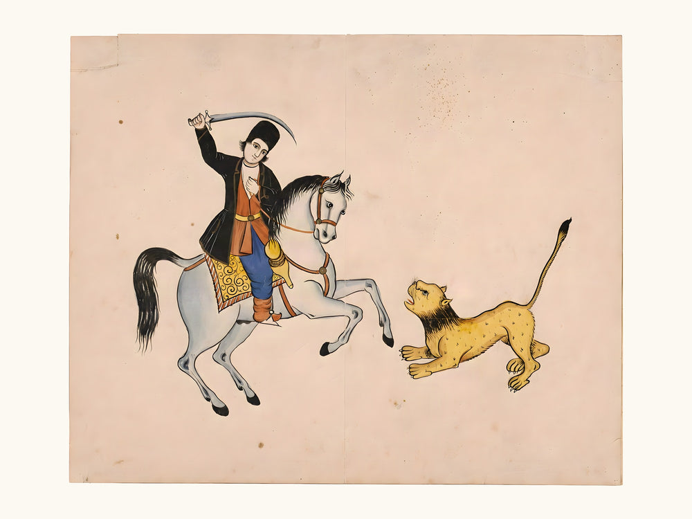 A Swordsman on Horseback Confronts a Lion | Restored Qajar Painting — view 10