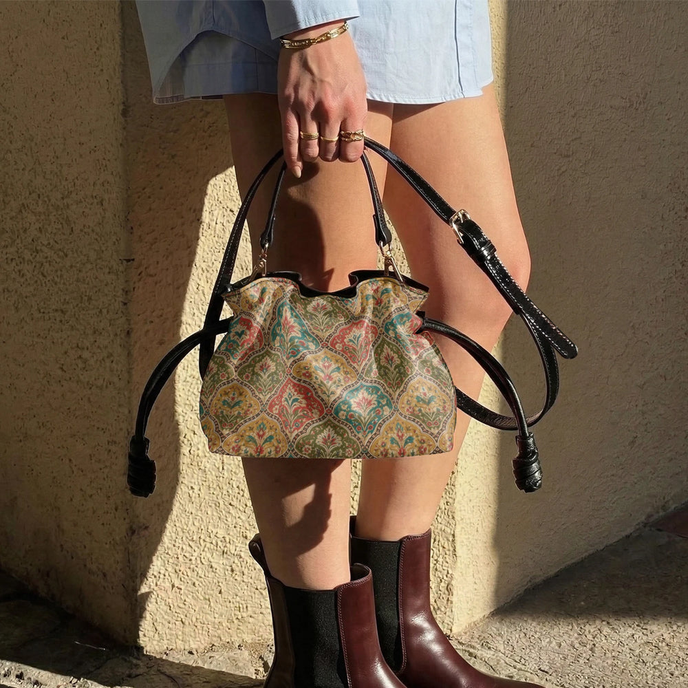 Mehrab Block Print — Ochre & Teal Drawstring Pouch Bag — view 10
