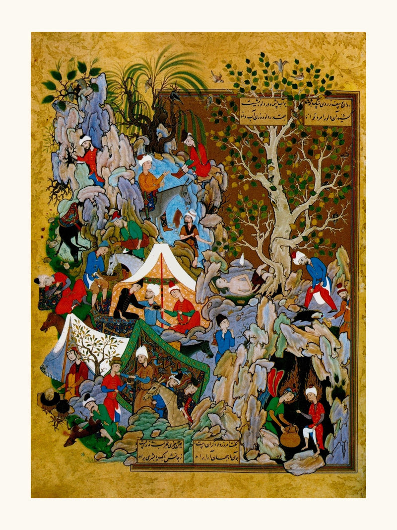 A Throng Gathers Around a White Encampment Tent | Restored Persian Miniature