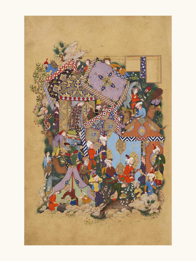 A Royal Encampment With Canopied Tents | Restored Persian Miniature