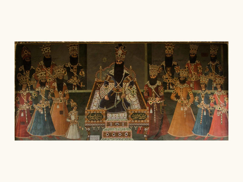 A Crowned King Enthroned Among His Courtiers | Restored Qajar Painting