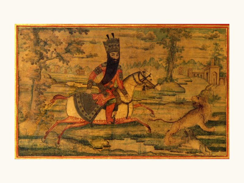 A Royal Hunter on Horseback Spearing a Stag | Restored Qajar Painting
