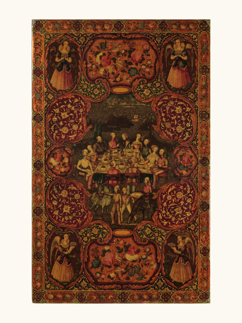 Courtly Gatherings in a Lacquer Medallion Panel | Restored Qajar Painting