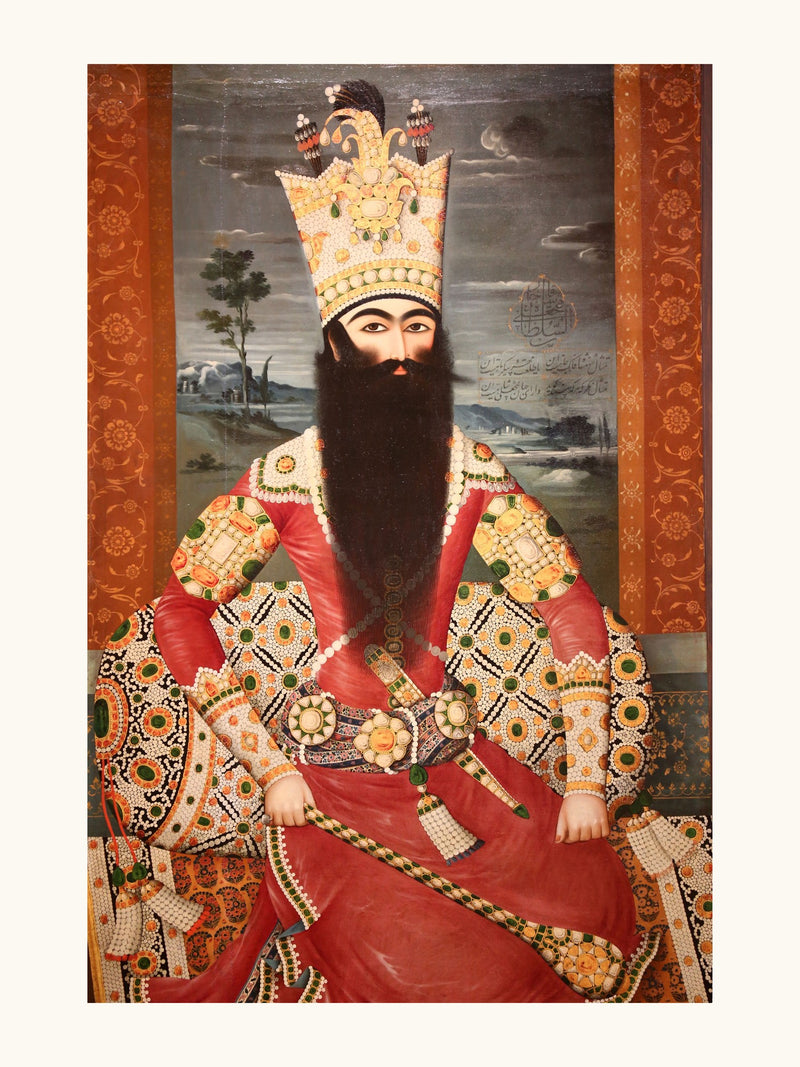 A Crowned Shah in Jewel-Encrusted Crimson Robes | Restored Qajar Painting