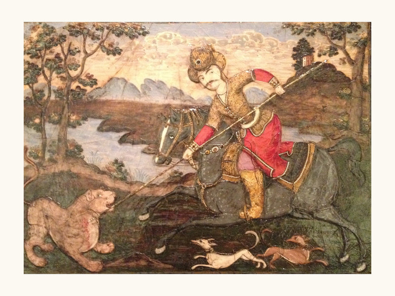 A Horseman Spears a Lion in the Wilderness | Restored Qajar Painting