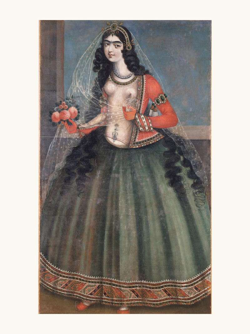 Woman with a Bouquet of Roses | Restored Qajar Painting
