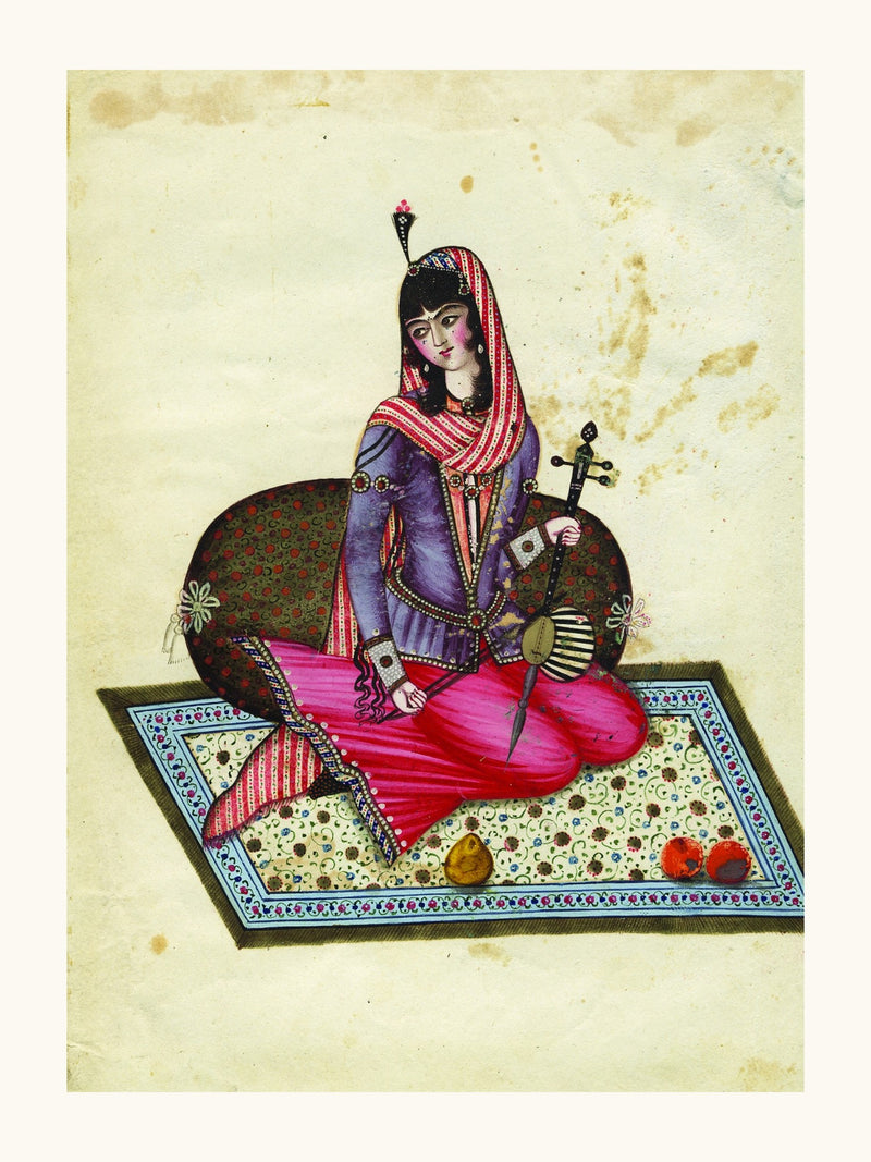 A Seated Girl With Fruit on a Garden Carpet | Restored Qajar Painting