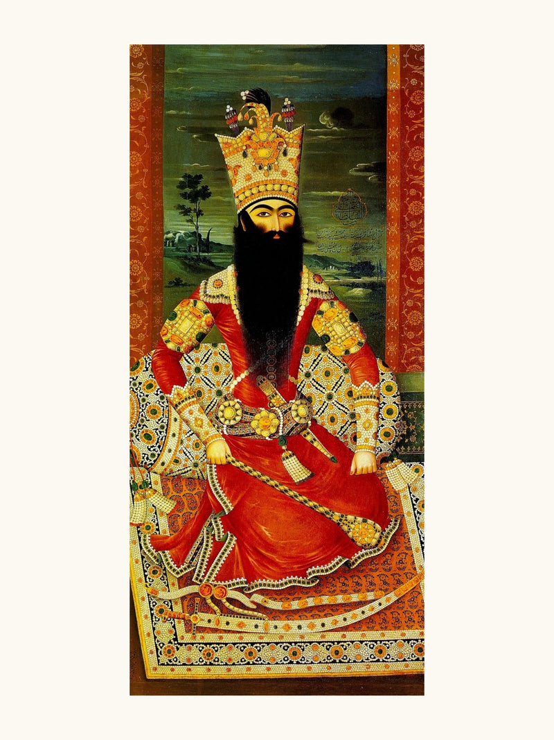 An Enthroned Monarch Robed in Studded Crimson, by Mihr Ali | Restored Qajar Painting