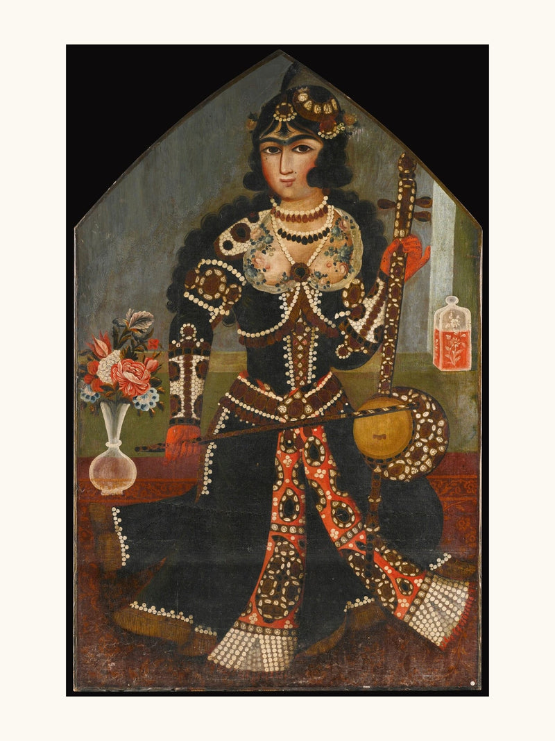 A Pearl-Adorned Lady with Her Kamancheh | Restored Qajar Painting