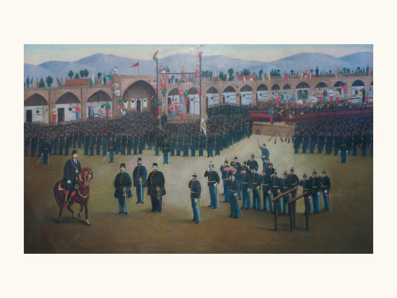 Soldiers Drill Within an Arcaded Courtyard | Restored Qajar Painting
