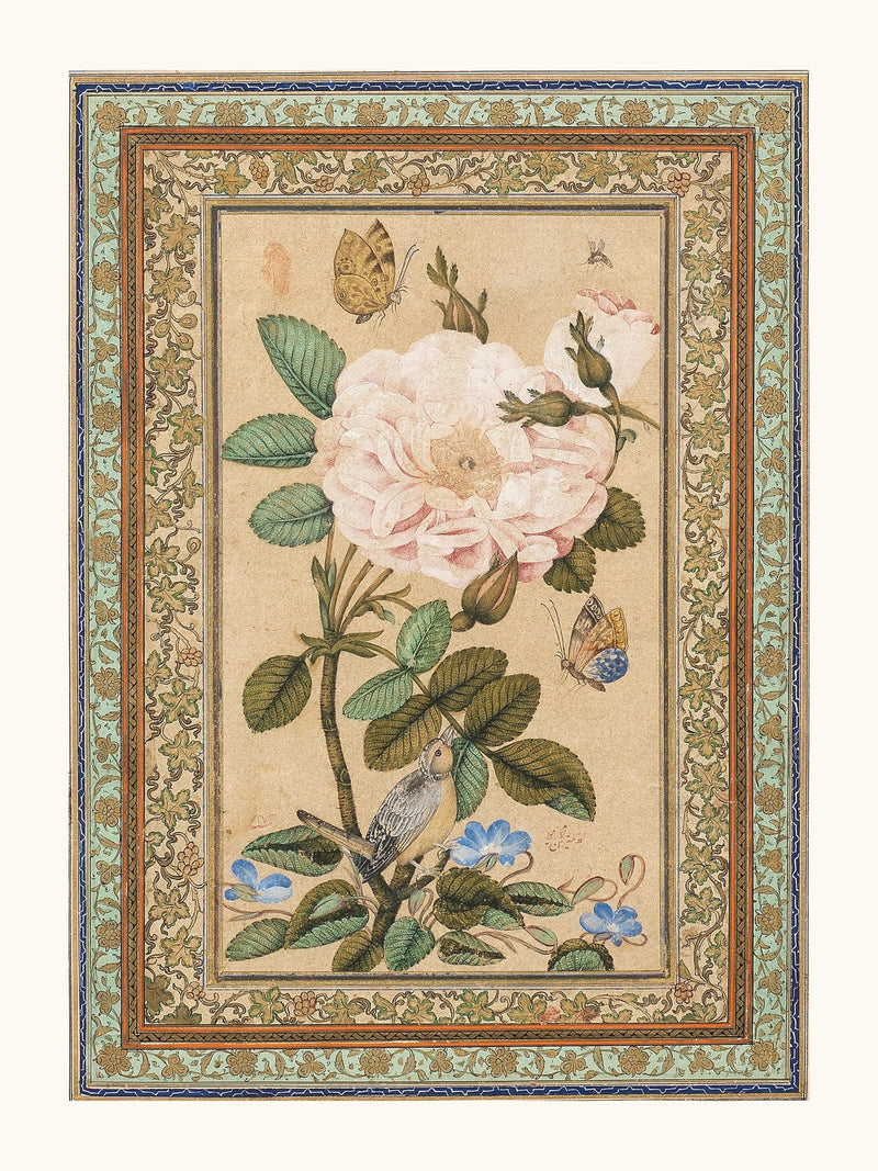 A Bird in a Rose Bush with Butterflies | Restored Qajar Painting