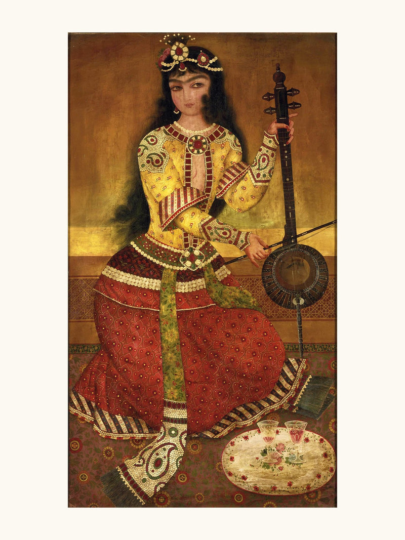 A Court Musician Playing the Kamancheh | Restored Qajar Painting
