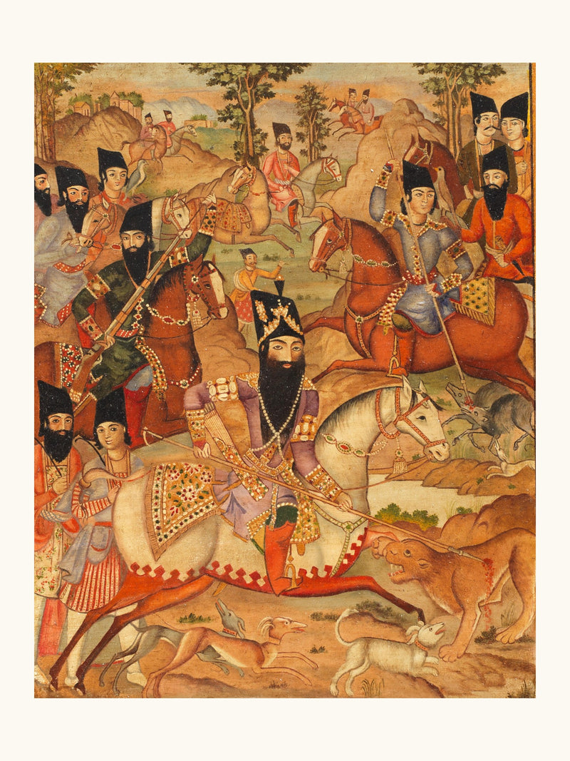 Fath-Ali Shah Hunting — a Painted Lacquer Panel | Restored Qajar Painting