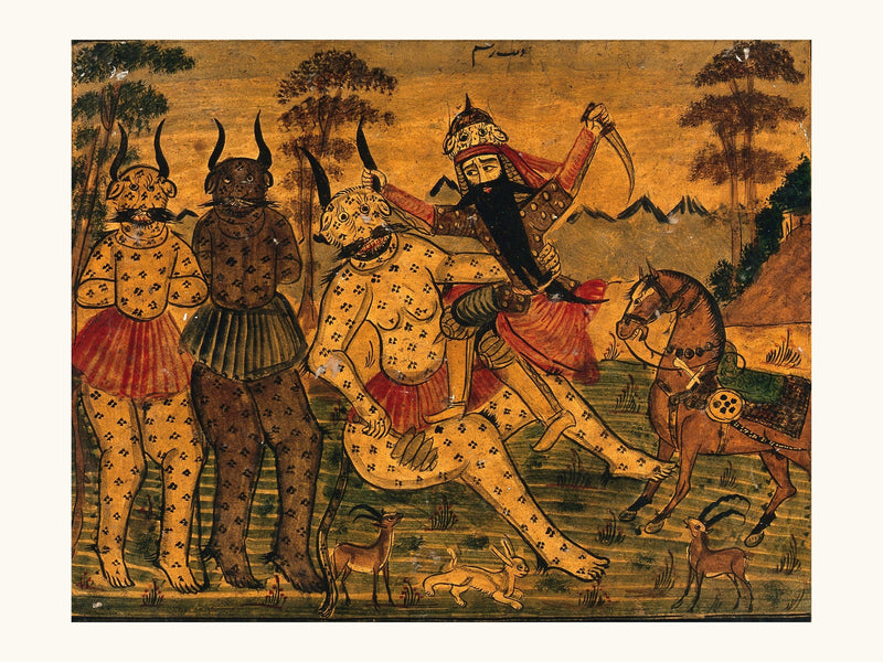 Fath-Ali Shah in the Guise of Rustam, Fighting the White Div | Restored Qajar Painting