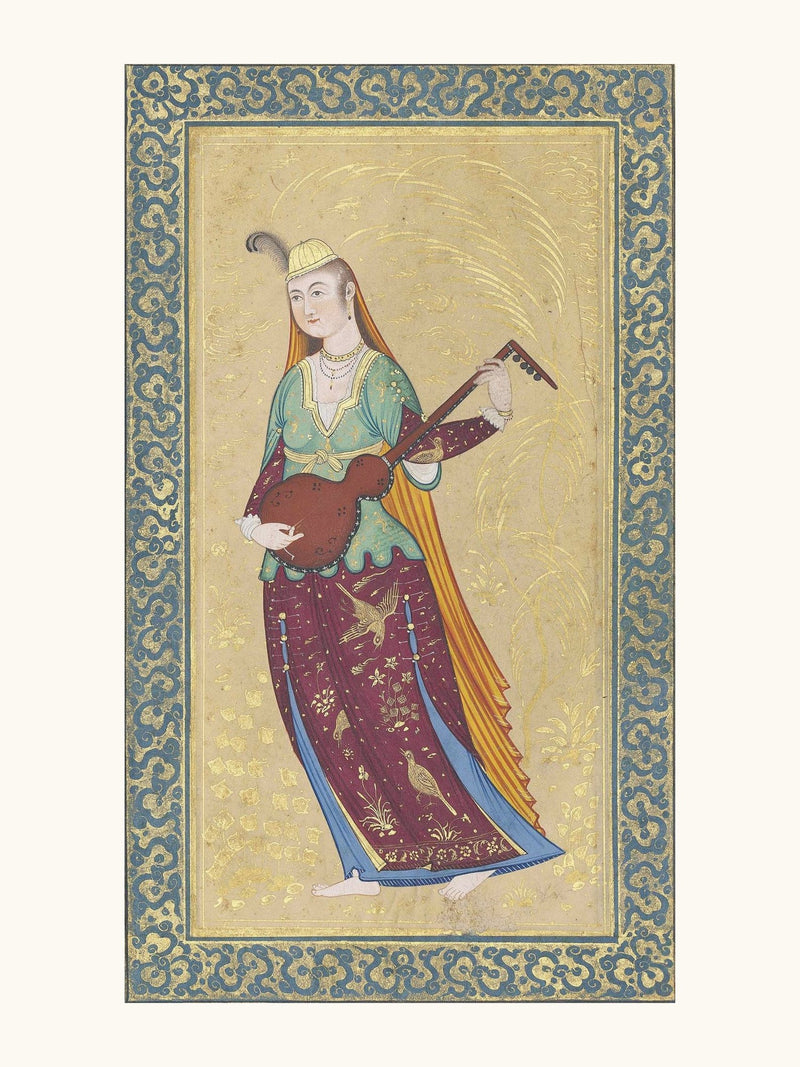 A Female Musician Playing the Tar | Restored Qajar Painting