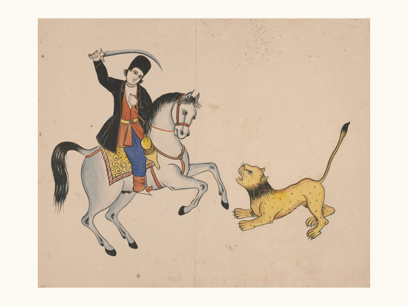 A Swordsman on Horseback Confronts a Lion | Restored Qajar Painting