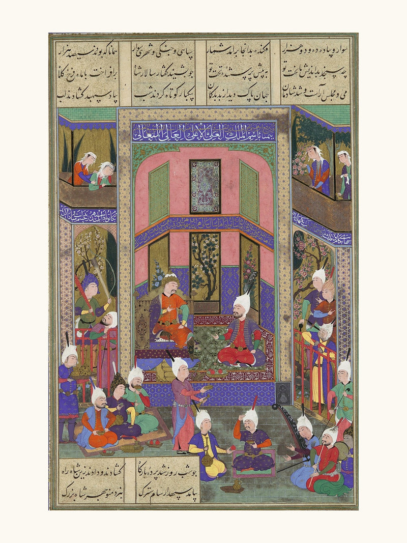 Manuchihr Welcomes Sam but Orders War upon Mihrab | Restored Persian Miniature