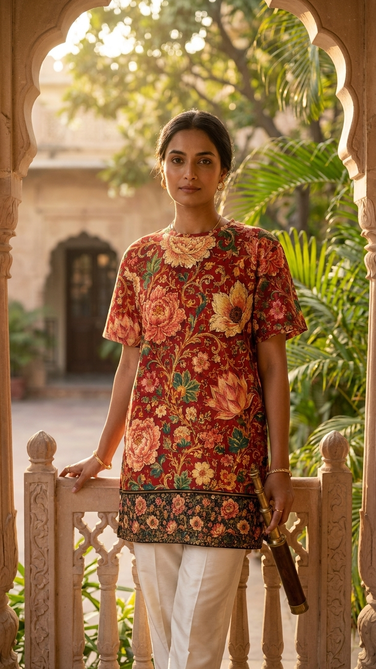 Gulshan Crimson — Mughal Floral T-Shirt Dress — view 3