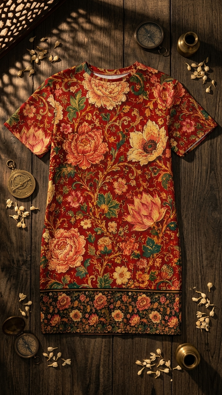 Gulshan Crimson — Mughal Floral T-Shirt Dress — view 4