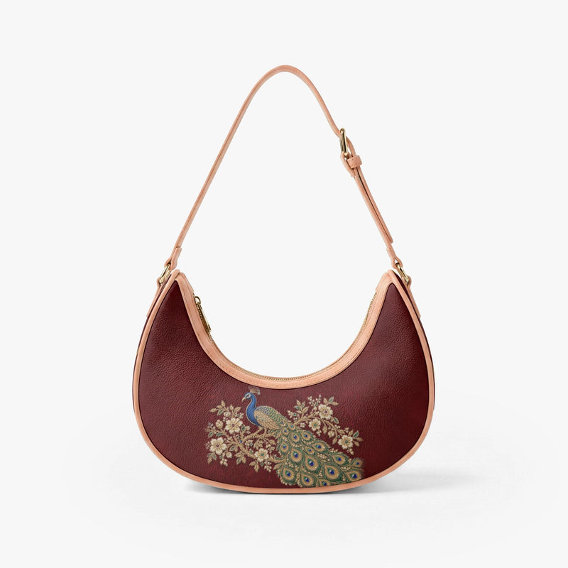 Zardozi Peacock — Maroon & Gold Crescent Shoulder Bag