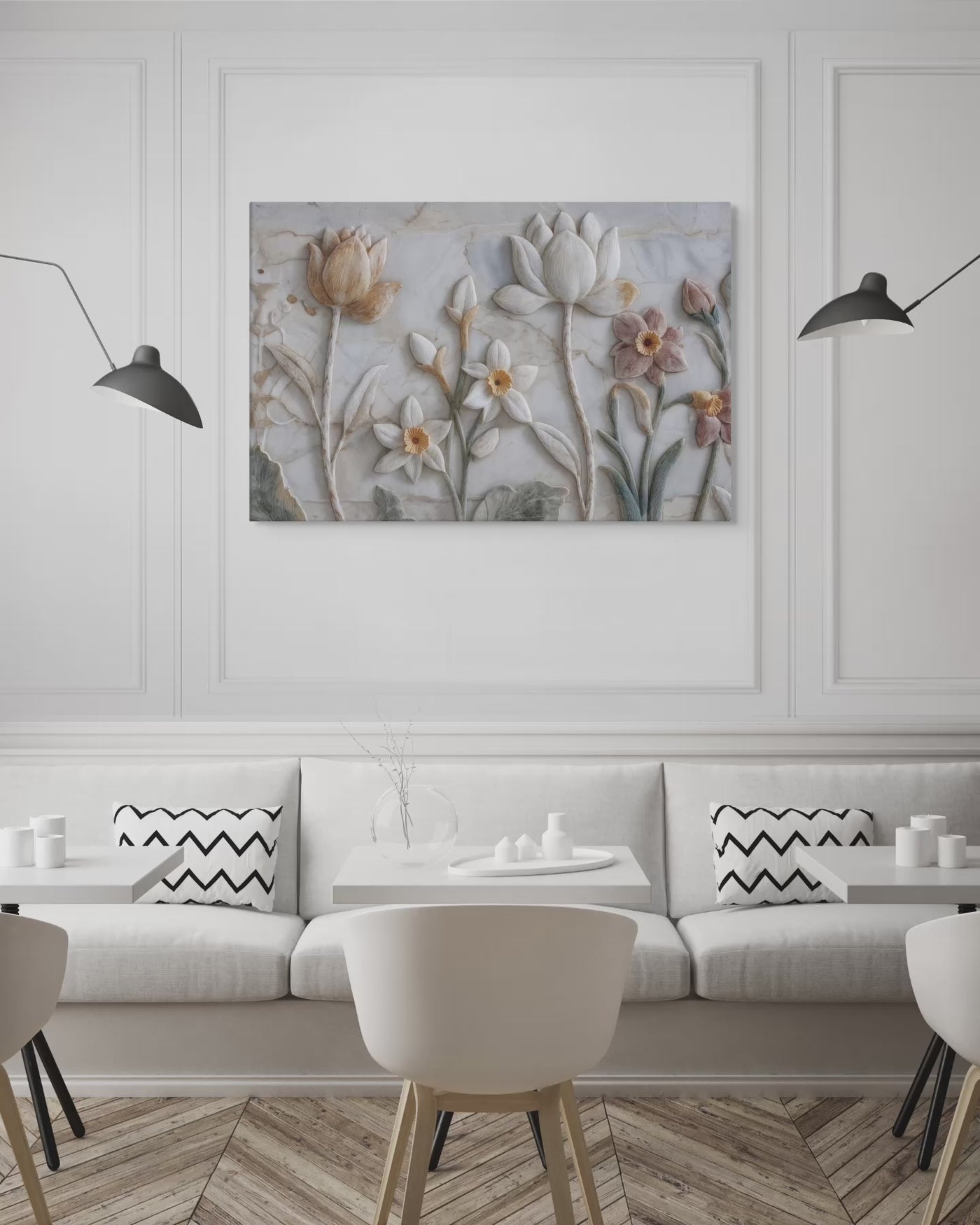 Ivory Lotus & Daffodil Relief Art – Sculptural Floral Wall Canvas — view 14