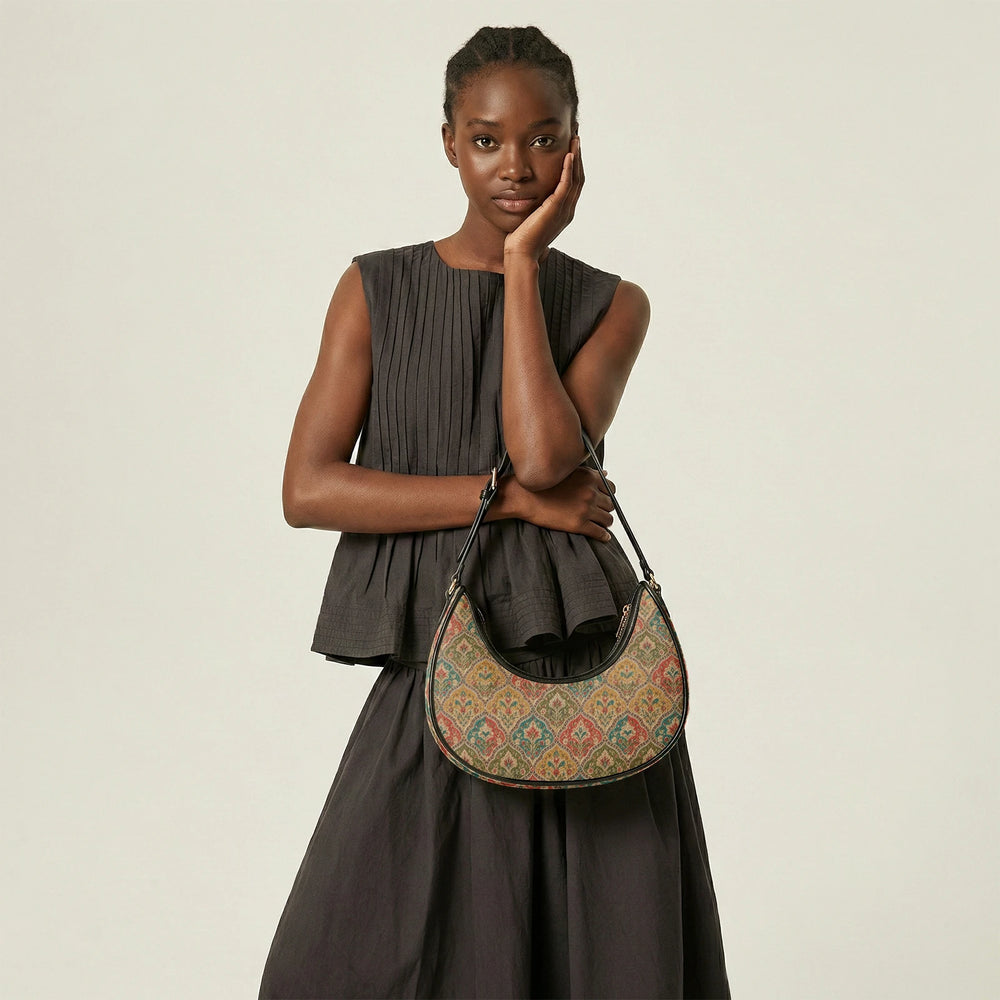 Mehrab Block Print — Ochre & Teal Crescent Shoulder Bag — view 15