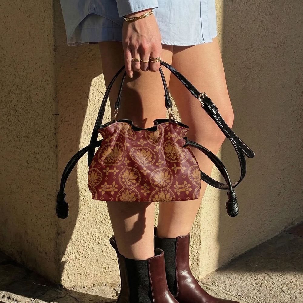 Bagru Lotus — Madder Red Drawstring Pouch Bag — view 10