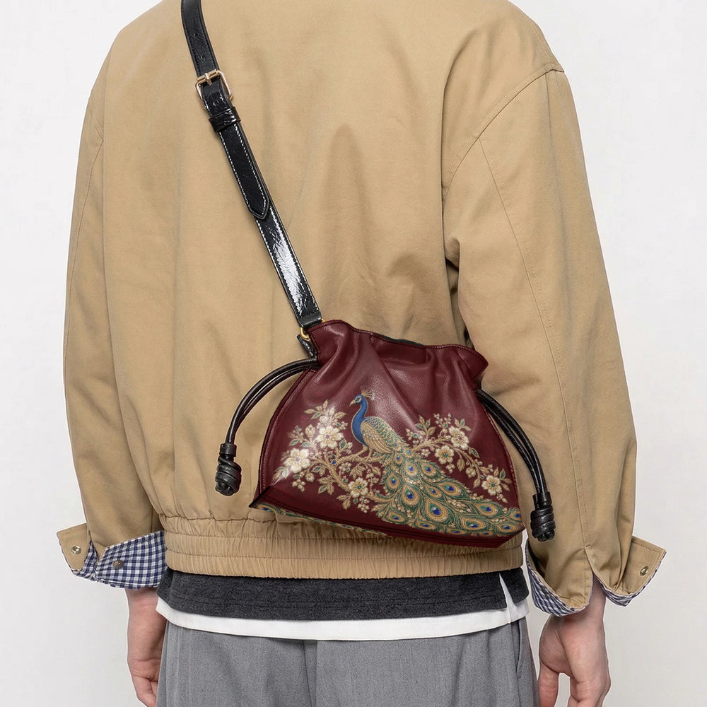 Zardozi Peacock — Maroon & Gold Drawstring Pouch Bag — view 9