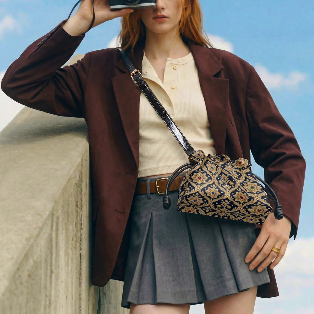 Zardozi Midnight — Navy & Gold Drawstring Pouch Bag — view 8