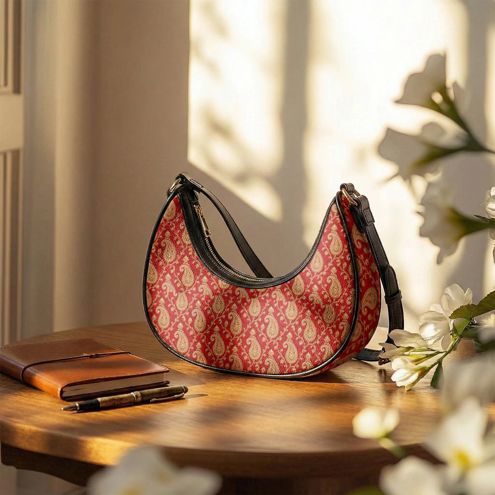 Zari Buti — Red & Gold Crescent Shoulder Bag — view 11