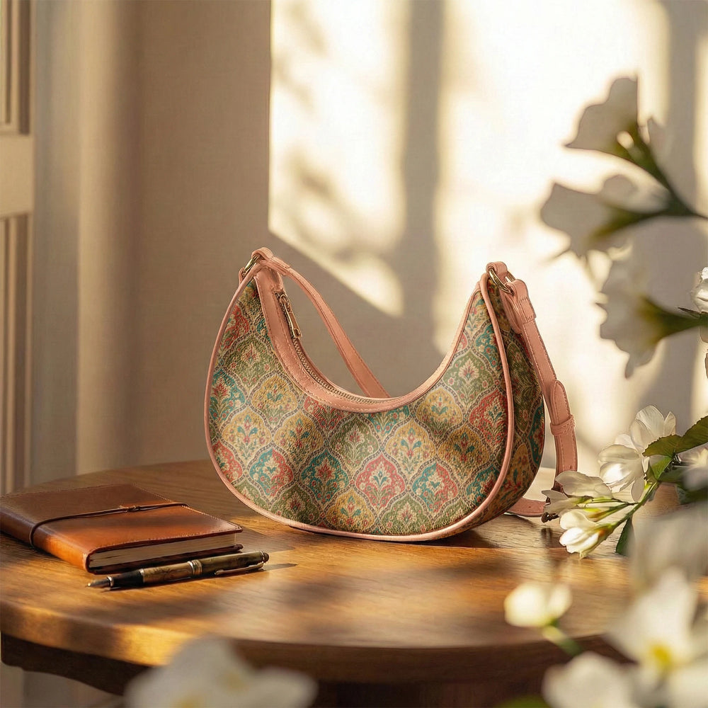 Mehrab Block Print — Ochre & Teal Crescent Shoulder Bag — view 12