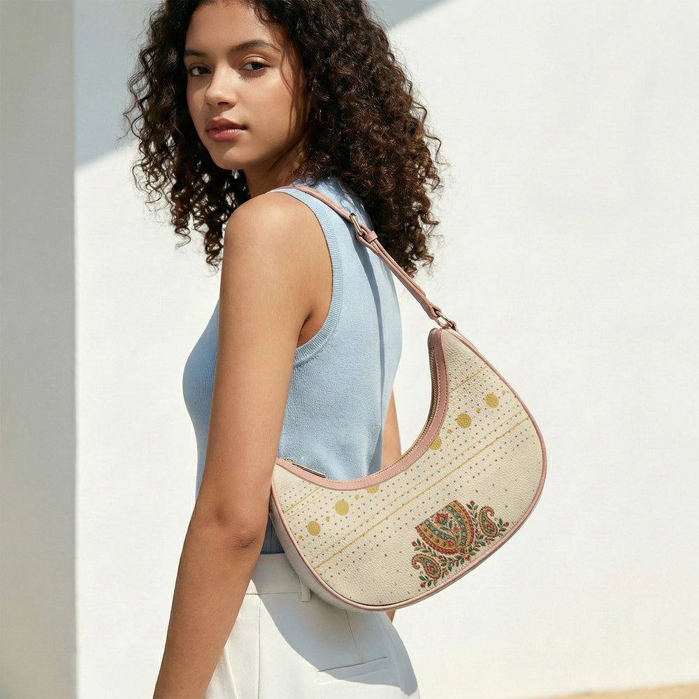 Embroidered Buta — Ivory Crescent Shoulder Bag — view 13