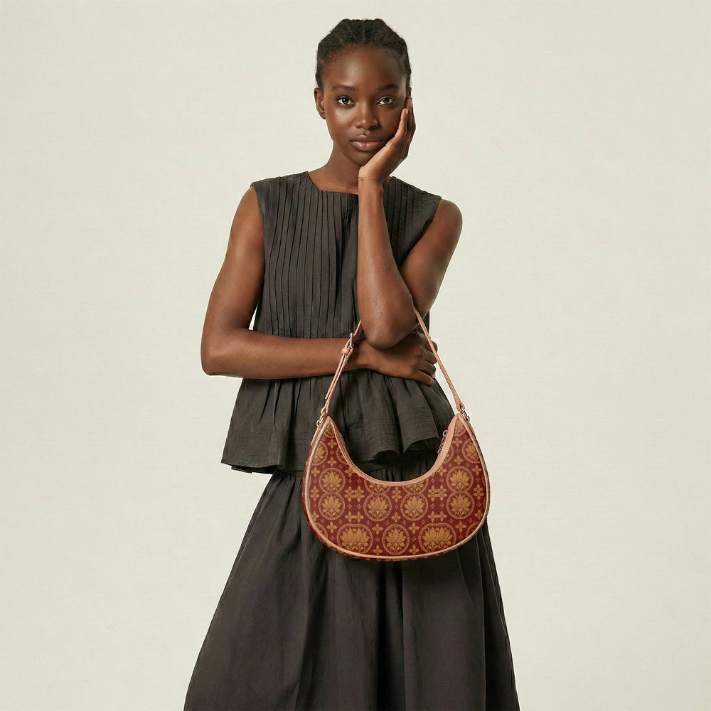 Bagru Lotus — Madder Red Crescent Shoulder Bag — view 16
