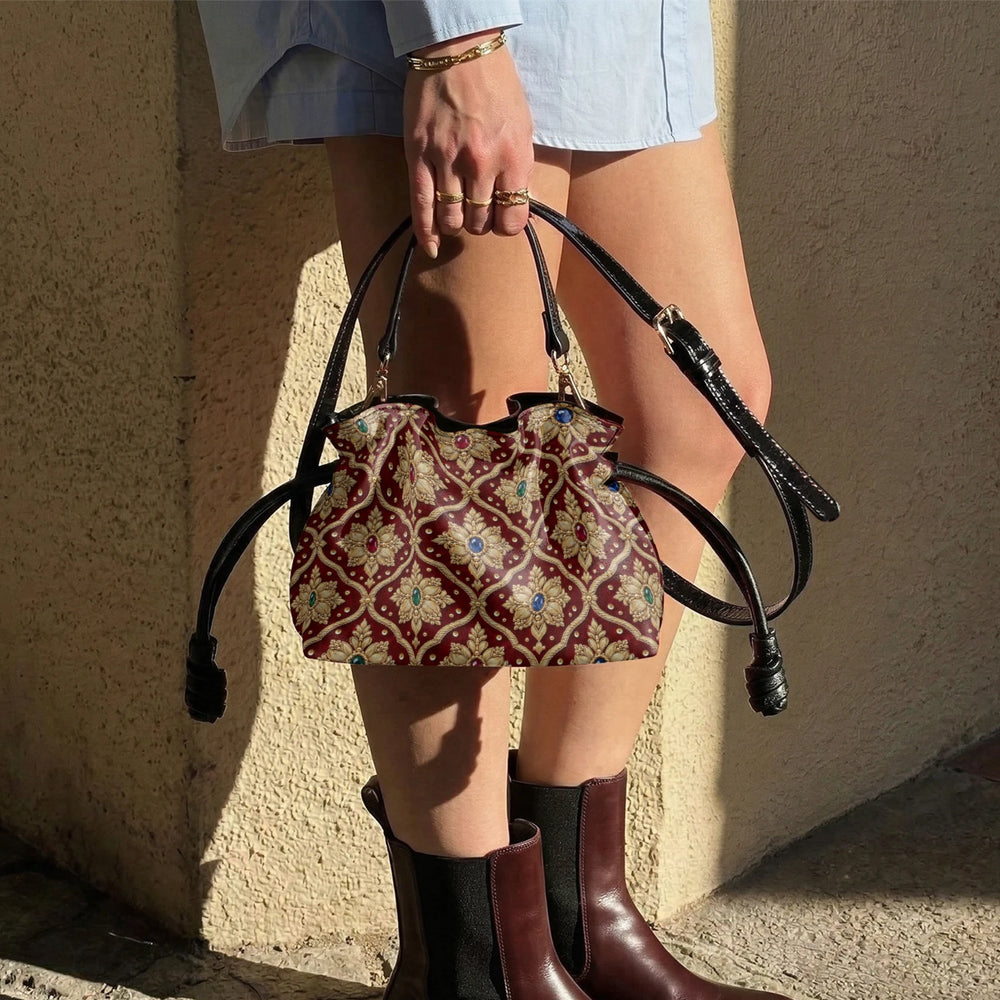 Shahi Zardozi — Wine & Gold Drawstring Pouch Bag — view 10